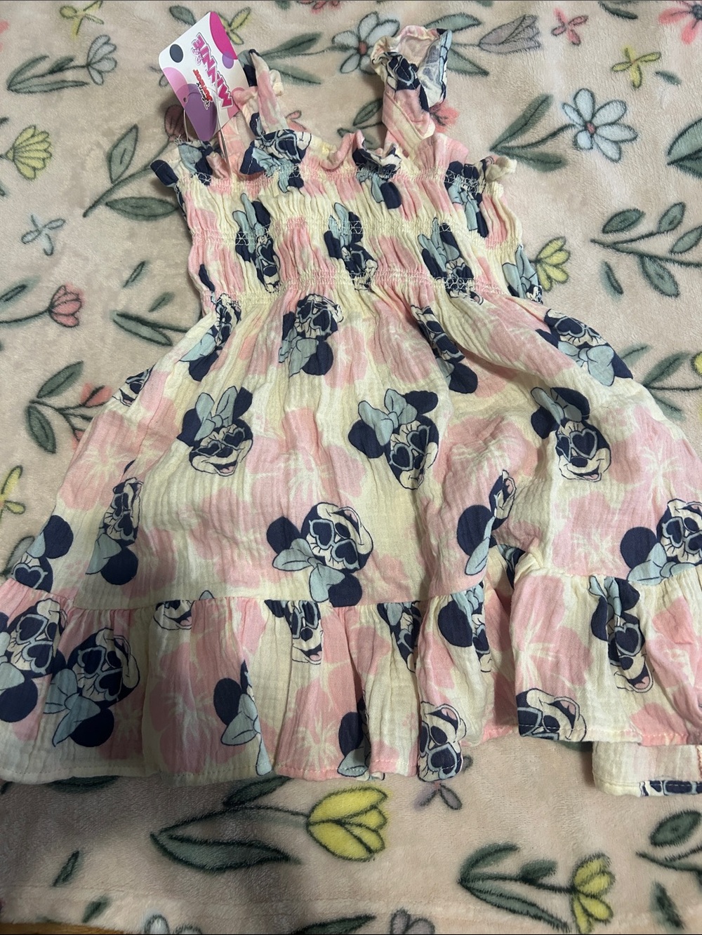 Girls Pink & Navy Floral Cartoon Smocked Sundress